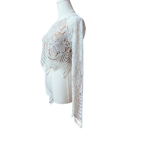 For Love & Lemons Guava Lace Crop Top Size XS Scalloped Hem Long Sleeves - Picture 10 of 14